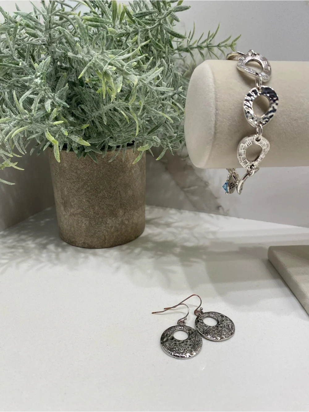 Hammered Silver - Toned Bracelet And Matching Earrings Set With Faith Charm